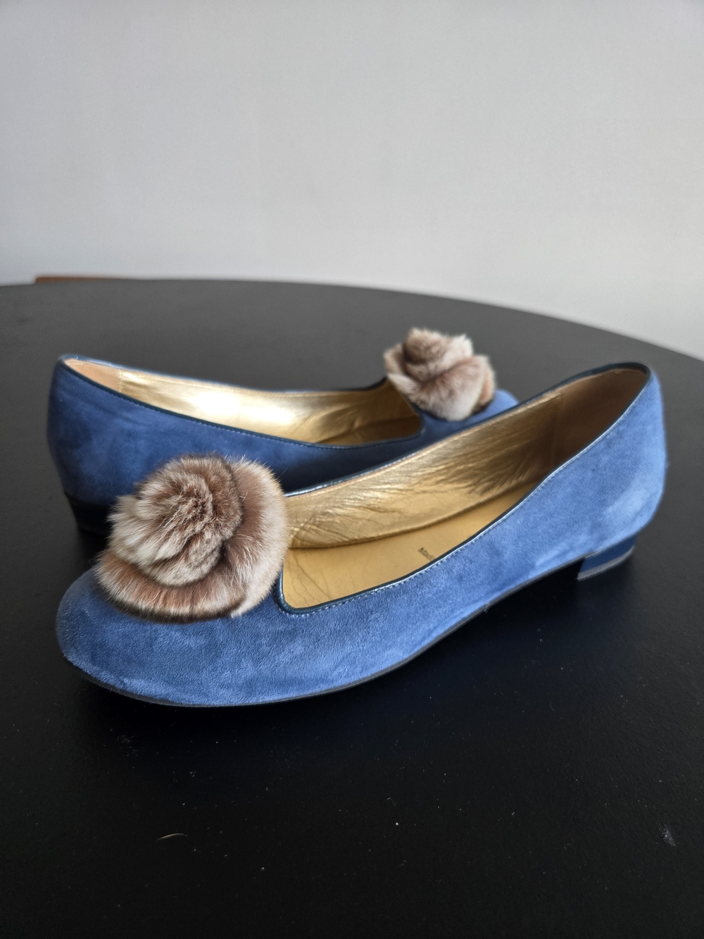 Ron White Scarlett Blue Cashmere Suede Pom Pom Flats Shoes Luxury Italy 38